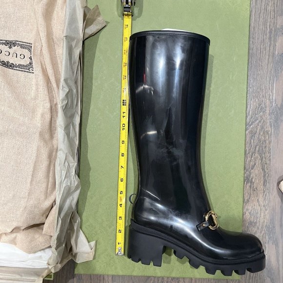 Gucci Horsebit Trip Lug Platform Heel Knee High Waterproof Rain Boot Black EU 37 - Picture 15 of 16